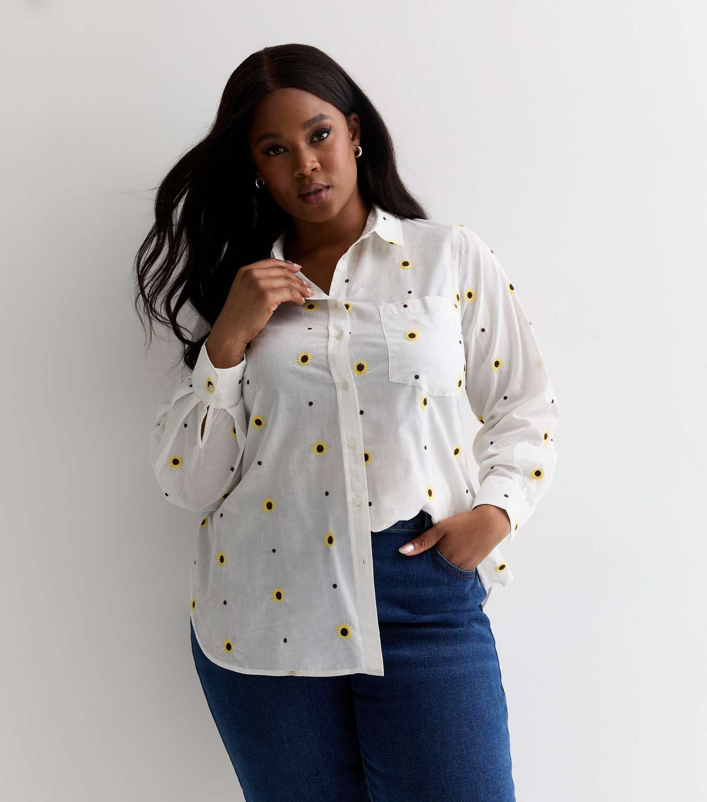 Curves White Cotton Sunflower Embroidered Long Sleeve Shirt Image 2