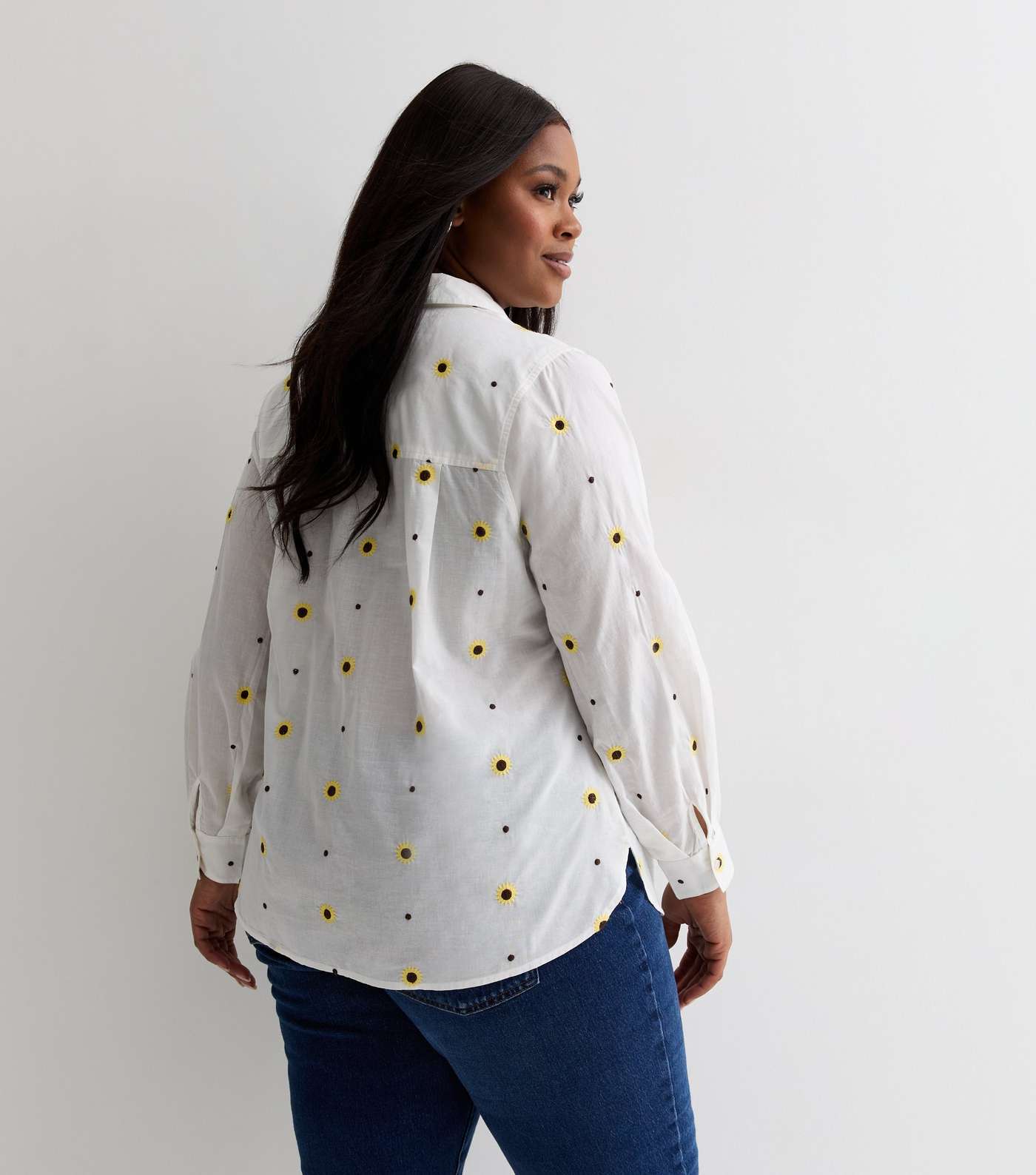 Curves White Cotton Sunflower Embroidered Long Sleeve Shirt Image 4