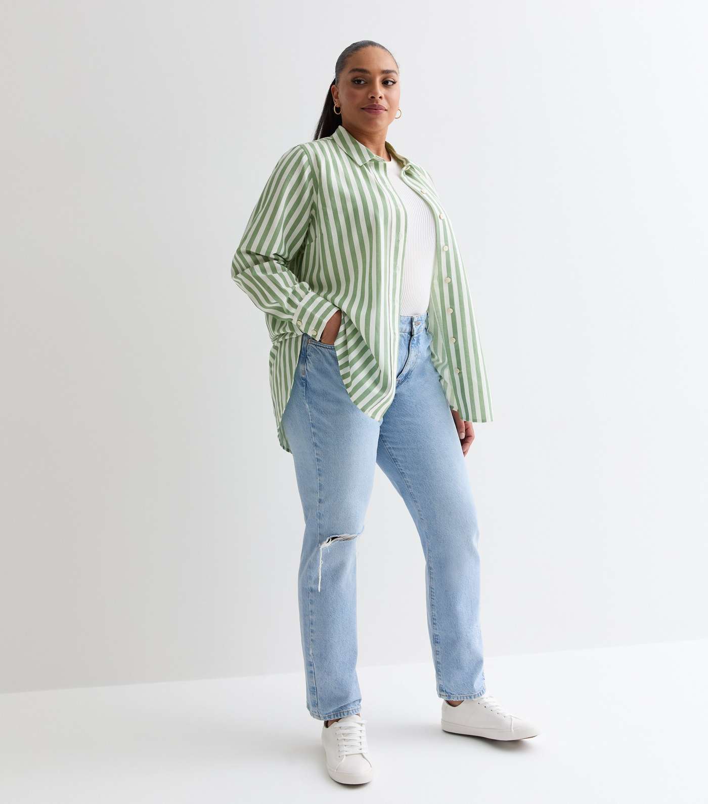 Curves Green Stripe Linen-Look Long Sleeve Shirt Image 2