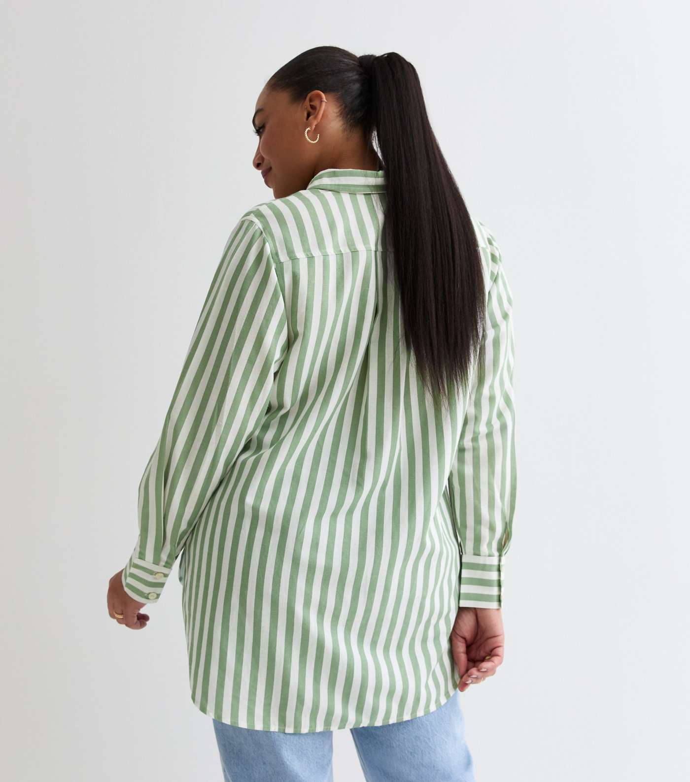 Curves Green Stripe Linen-Look Long Sleeve Shirt Image 4
