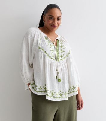 Curves Off White Embroidered Cotton Tie Neck Blouse New Look