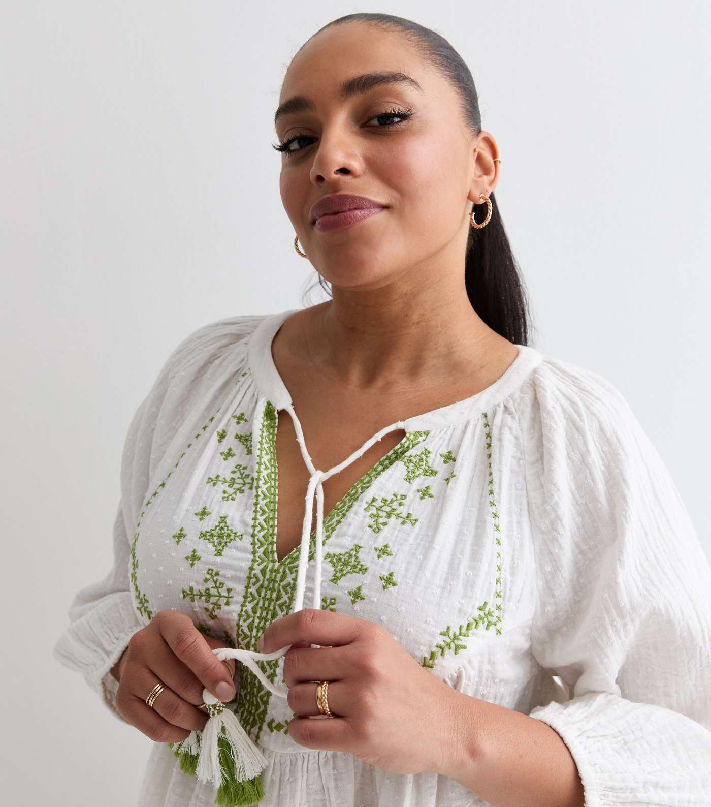 Curves Off White Embroidered Cotton Tie Neck Blouse Image 2