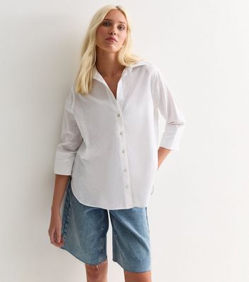 Tall White Cotton Linen 3/4 Sleeve Shirt New Look