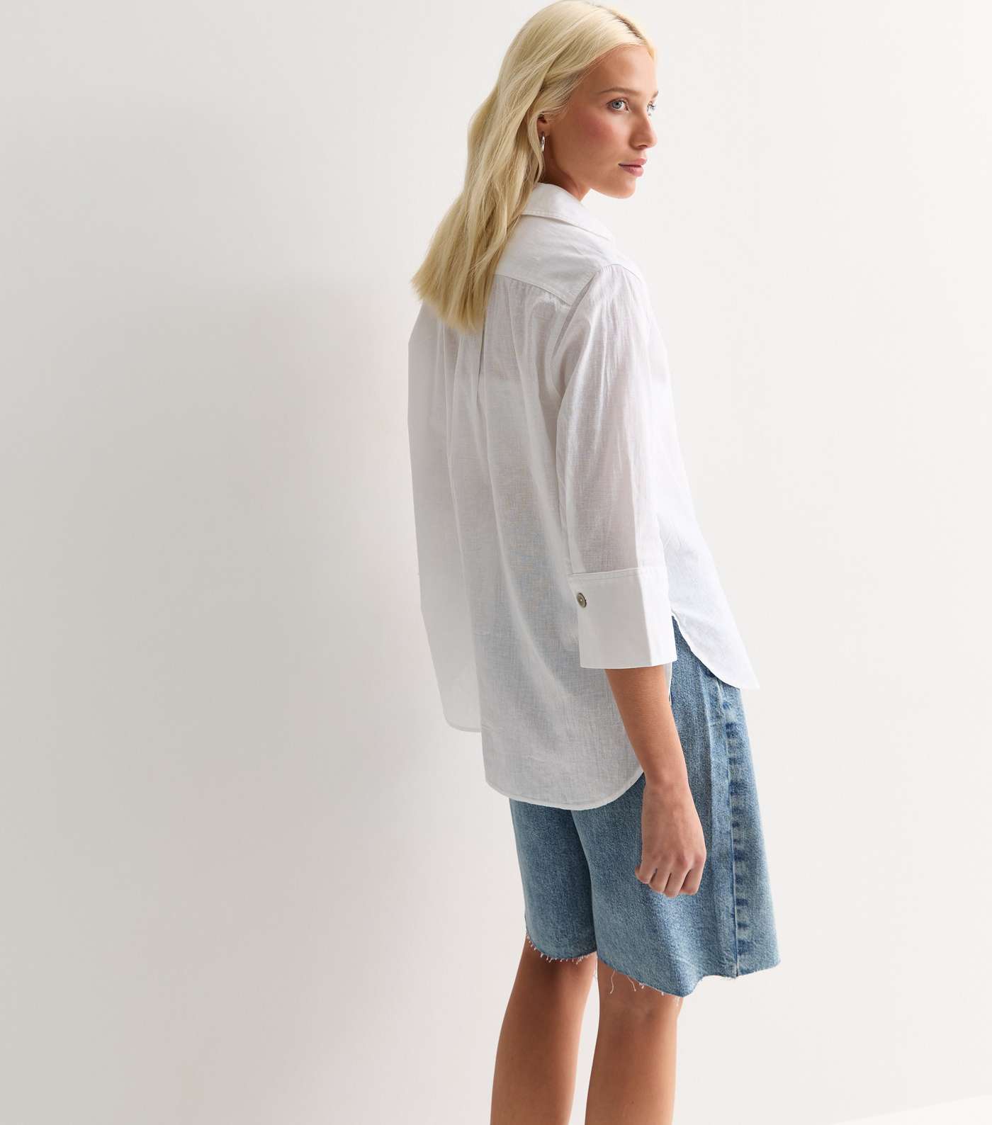 Tall White Cotton Linen 3/4 Sleeve Shirt Image 4