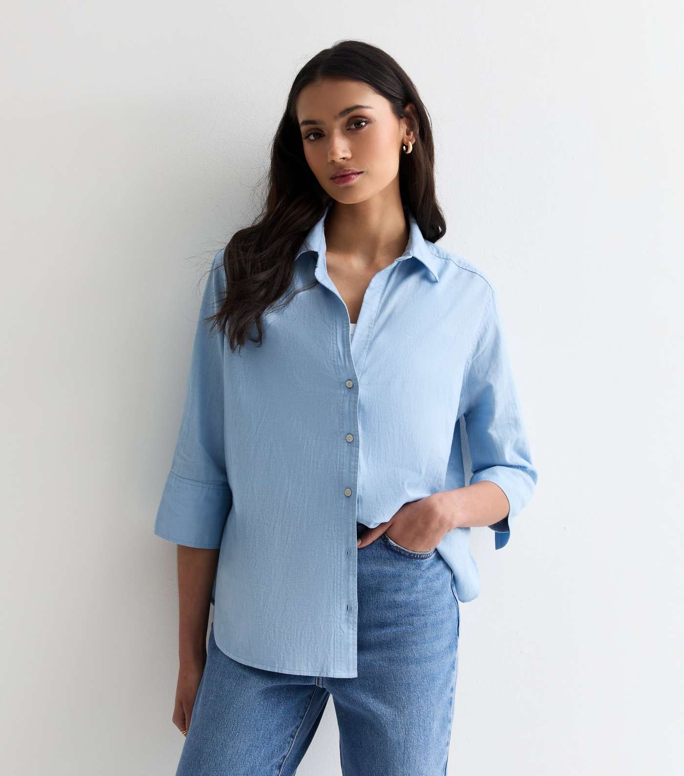 Tall Blue Cotton Linen 3/4 Sleeve Shirt