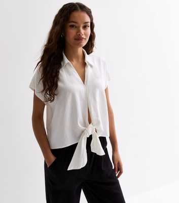Petite Off White Linen Blend Tie Front Shirt