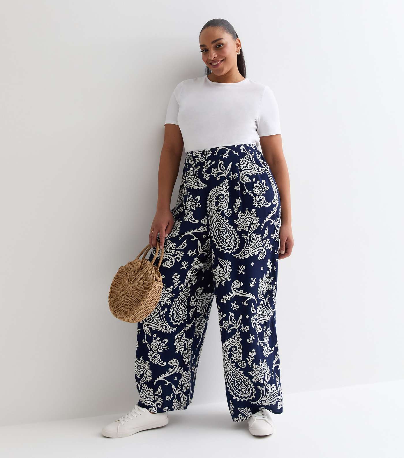 Curves Navy Paisley Print Wide Leg Trousers