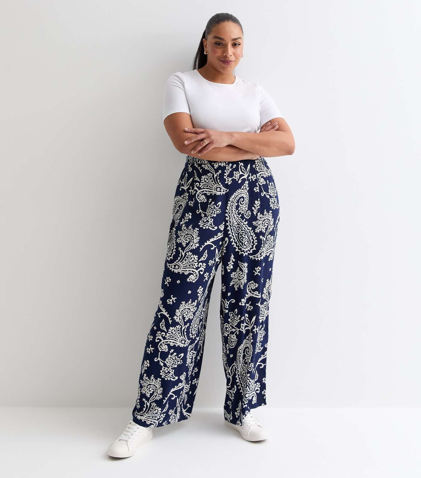Curves Navy Paisley Print Wide Leg Trousers Image 3
