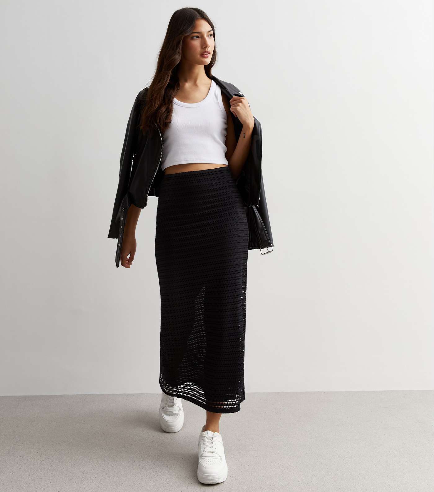 Black Crochet High Waist Midi Skirt Image 3
