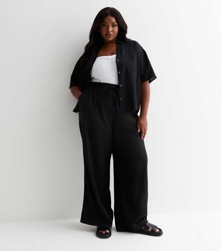 Curves Black Linen Blend Wide Leg Trousers