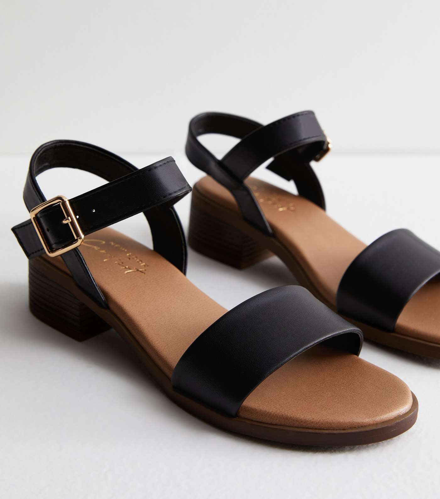 Black Leather-Look Low Block Heel Sandals Image 4