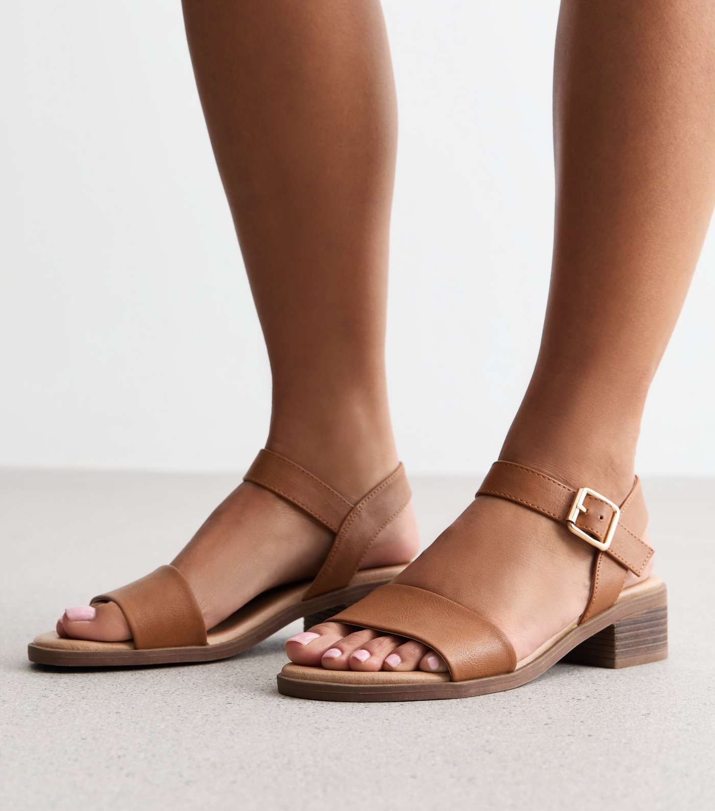 Tan Leather-Look Low Block Heel Sandals Image 2