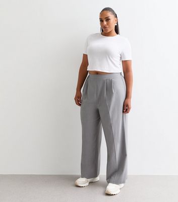 Curves Grey Pleated Wide Leg Trousers | New Look