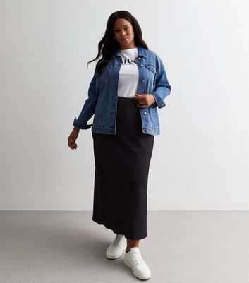 plus size black denim midi skirt