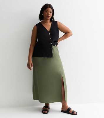 Curves Khaki Textured Split Front Midi Skirt