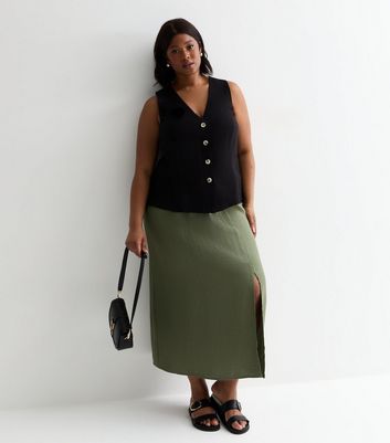 Curves Khaki Textured Split Front Midi Skirt New Look