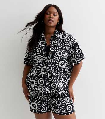 Curves Black Sun Printed Cotton-Linen-Blend Resort Shirt