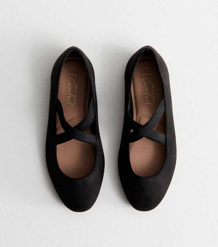 Wide Fit Black Suedette Elasticated Cross Strap Ballerina Pumps | New Look