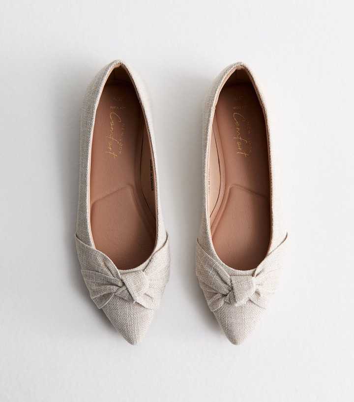 Wide Fit Off White Linen-Look Ballerina Pumps