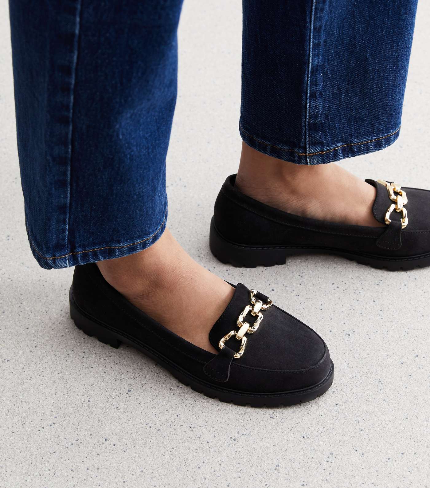 Wide Fit Black Suedette Chain Trim Loafers Image 2