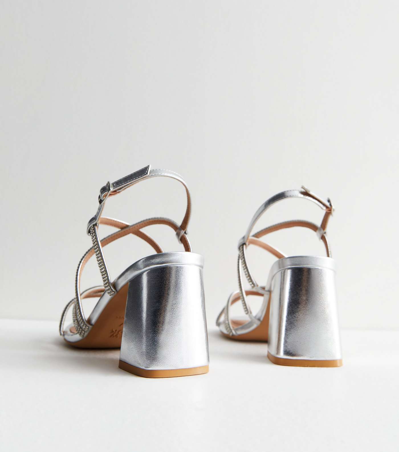 Wide Fit Silver Diamanté Strappy Block Heel Sandals Image 4
