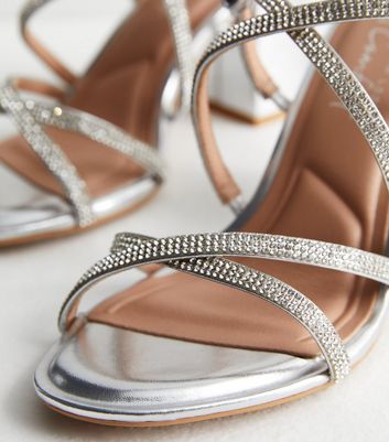 Wide Fit Silver Diamante Strappy Block Heel Sandals New Look