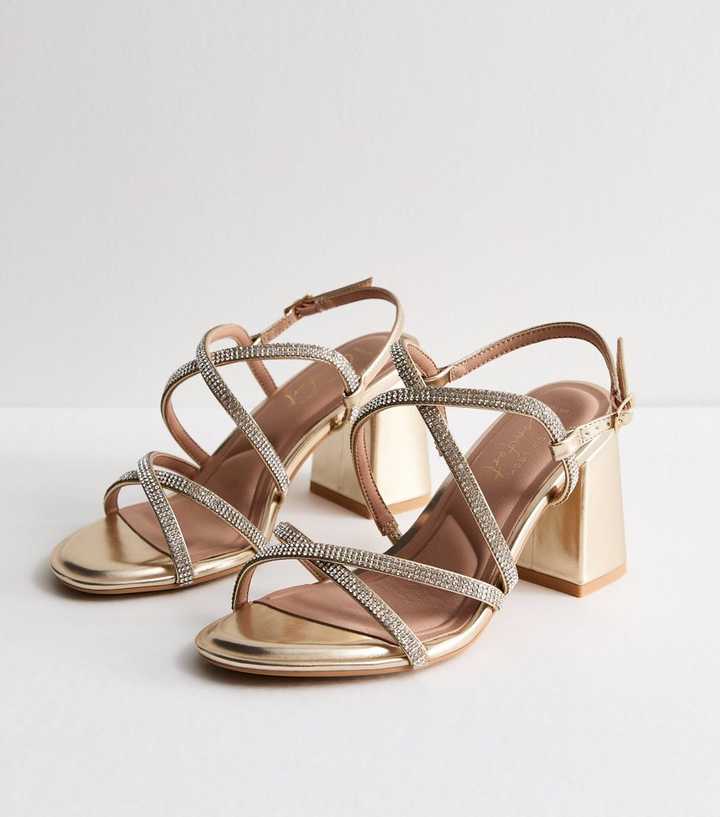 Wide Fit Gold Diamanté Strappy Block Heel Sandals