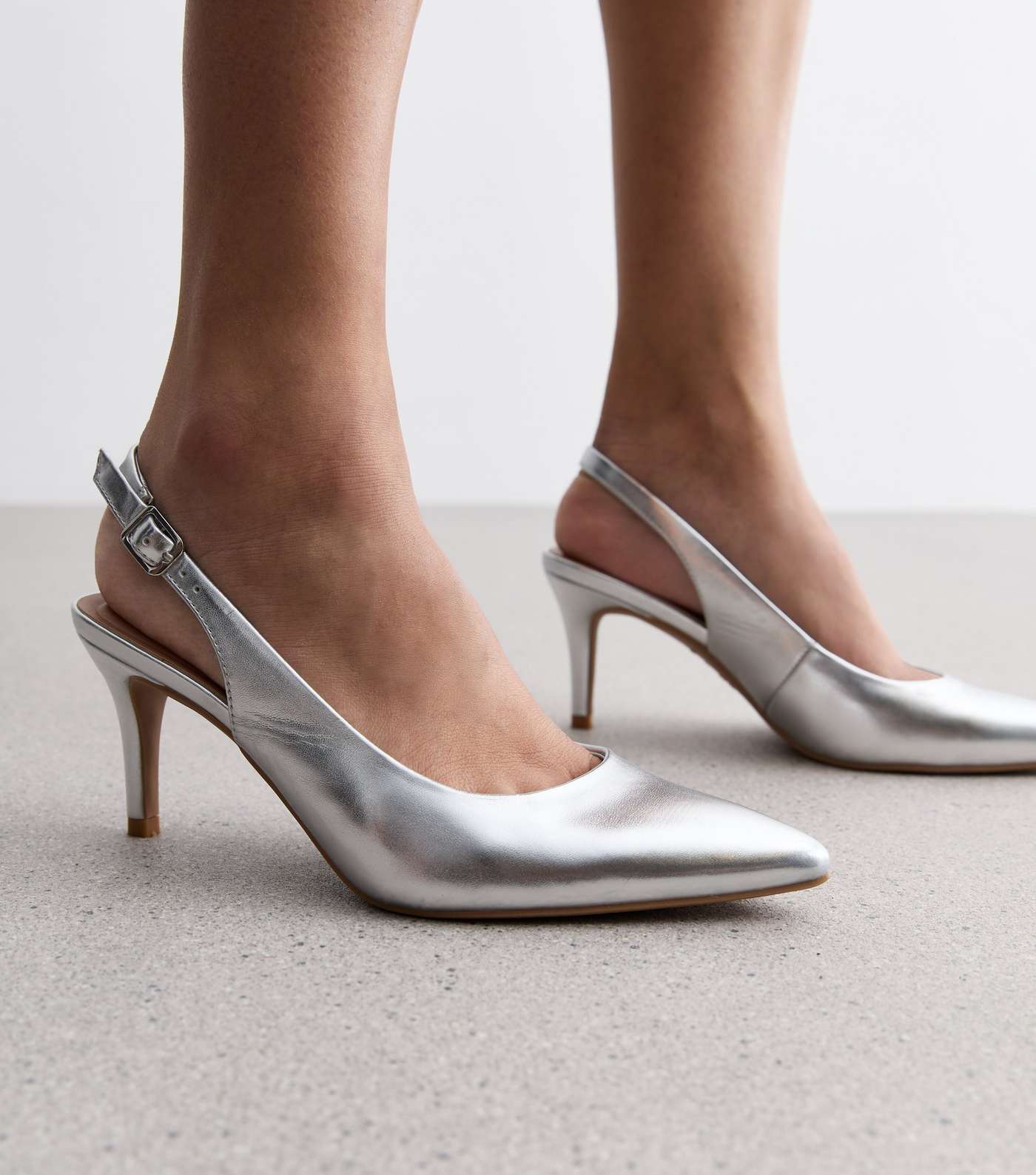 Silver Pointed Slingback Stiletto Heel Court Shoes  Image 2