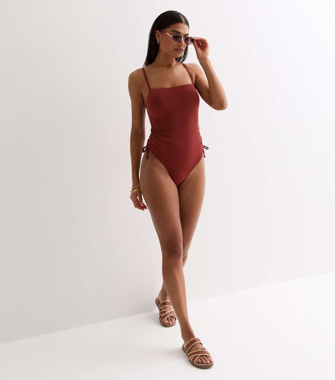 Rust Square Neck Ruched Swimsuit Image 3