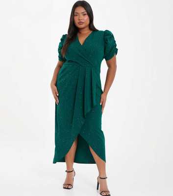 QUIZ Curves Dark Green Glitter Wrap Ruched Midaxi Dress