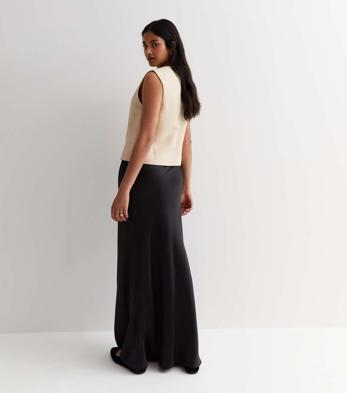 Black Satin Bias Cut Maxi Skirt Image 4