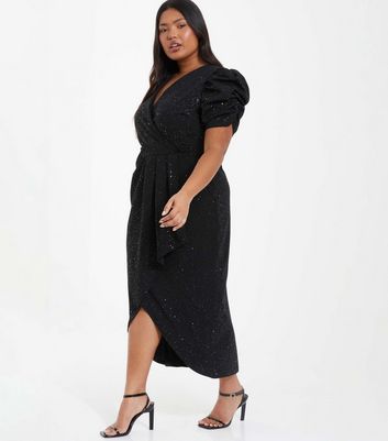 QUIZ Curves Black Glitter Ruched Midi Dress New Look