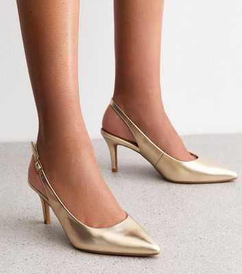 Gold Faux Leather Pointed Slingback Stiletto Heel Court Shoes