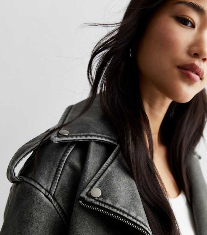 Cameo Rose Dark Grey Leather-Look Belted Crop Jacket