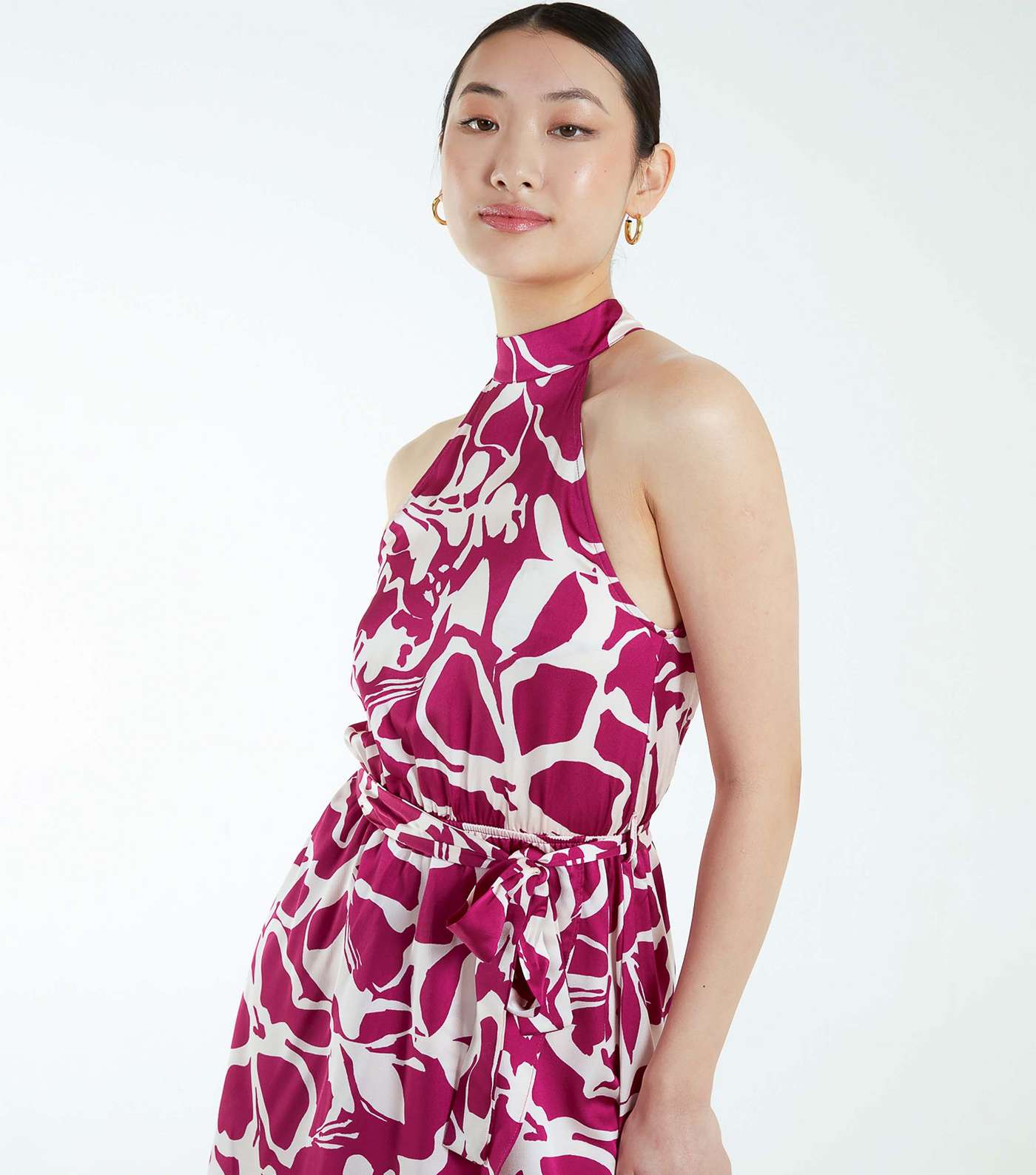 Blue Vanilla Pink Abstract Print Satin Halter Midi Dress Image 3