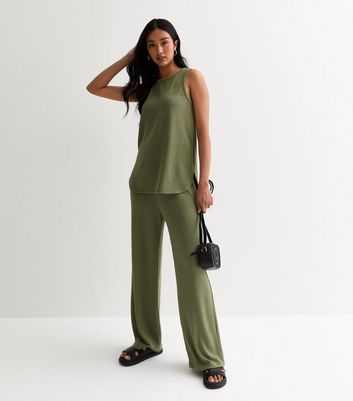 Khaki Textured Fine Knit Trousers New Look