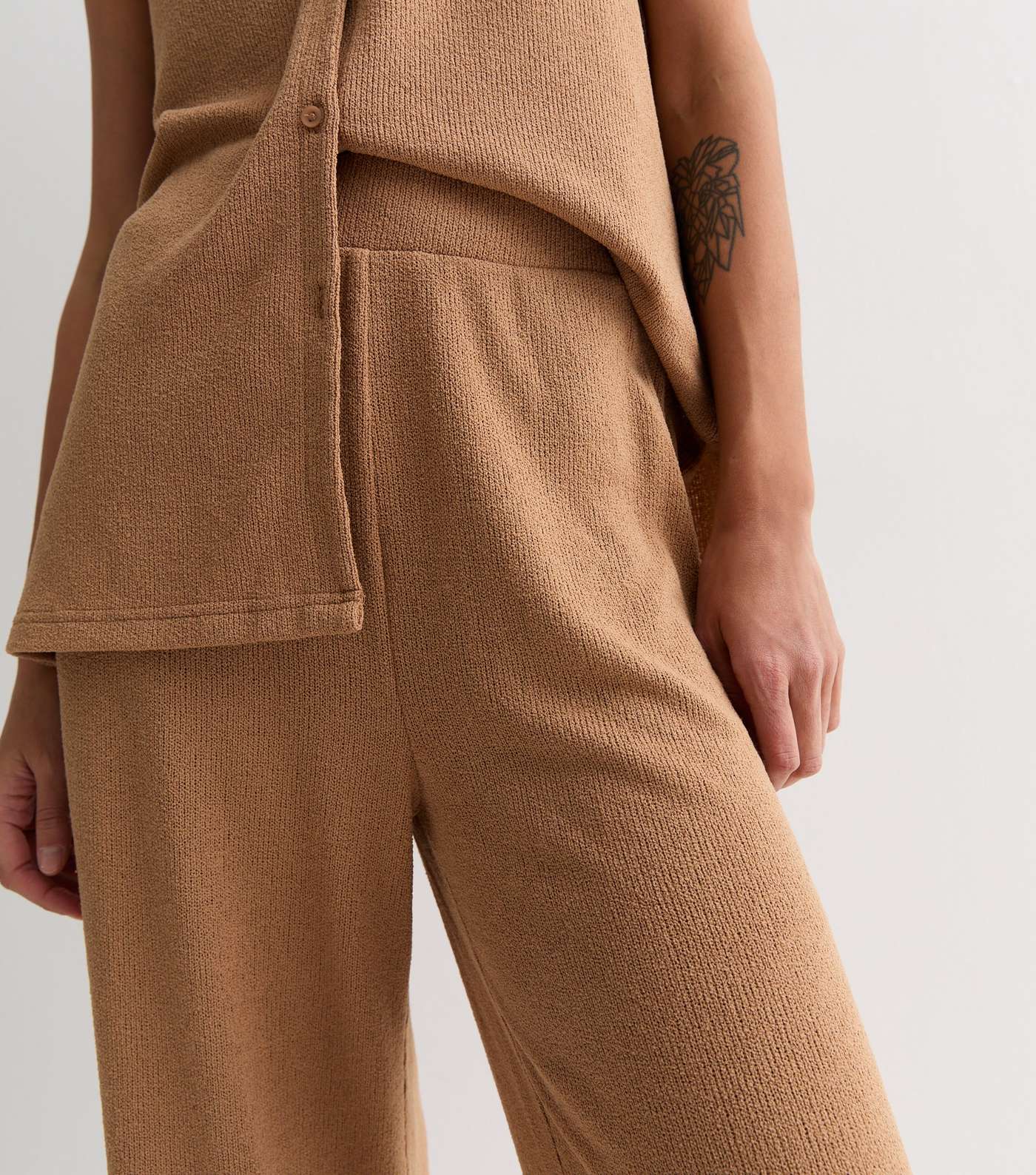 Tan Textured Fine Knit Crop Trousers Image 2