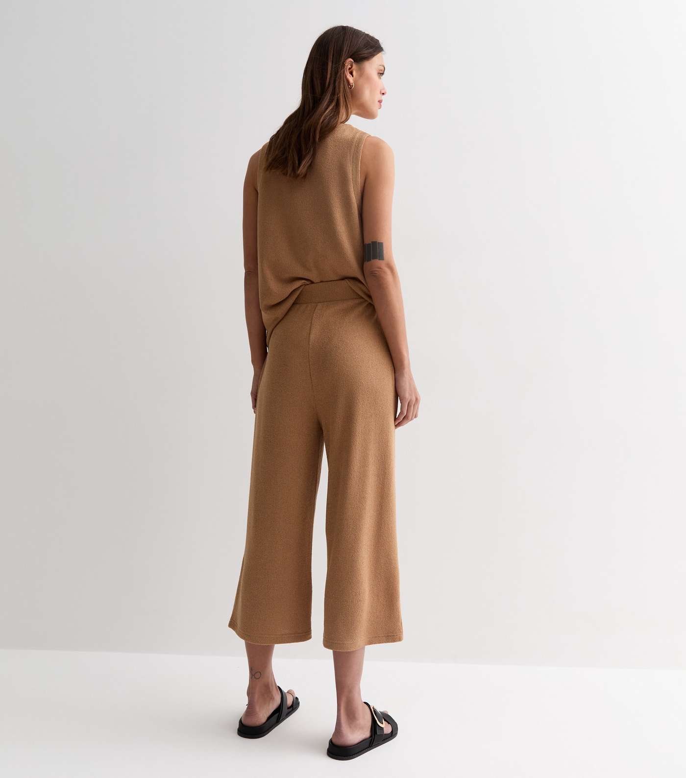 Tan Textured Fine Knit Crop Trousers Image 4