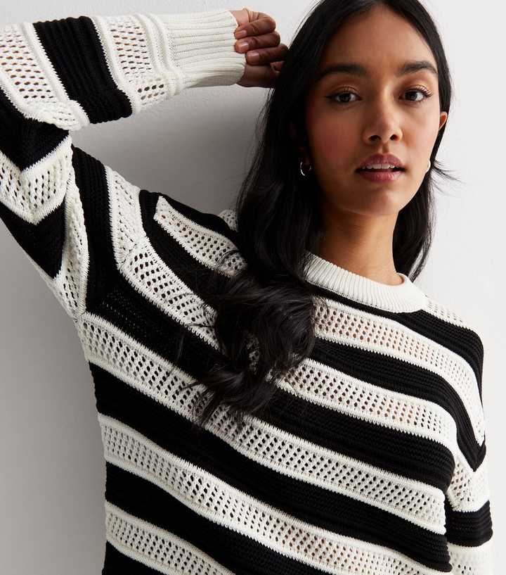 White Stripe Mesh Stitch Knit Longline Jumper | New Look