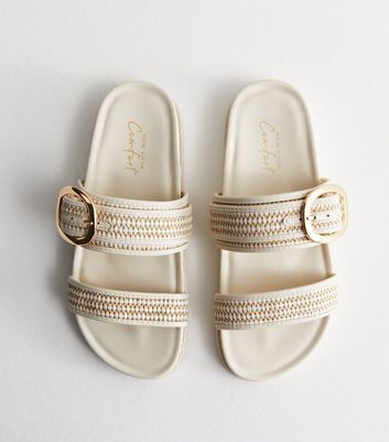 Off White Raffia Buckle Sliders New Look