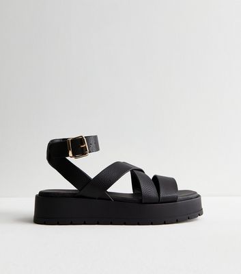 Black Leather-Look Cross Over Flatform Sandals New Look