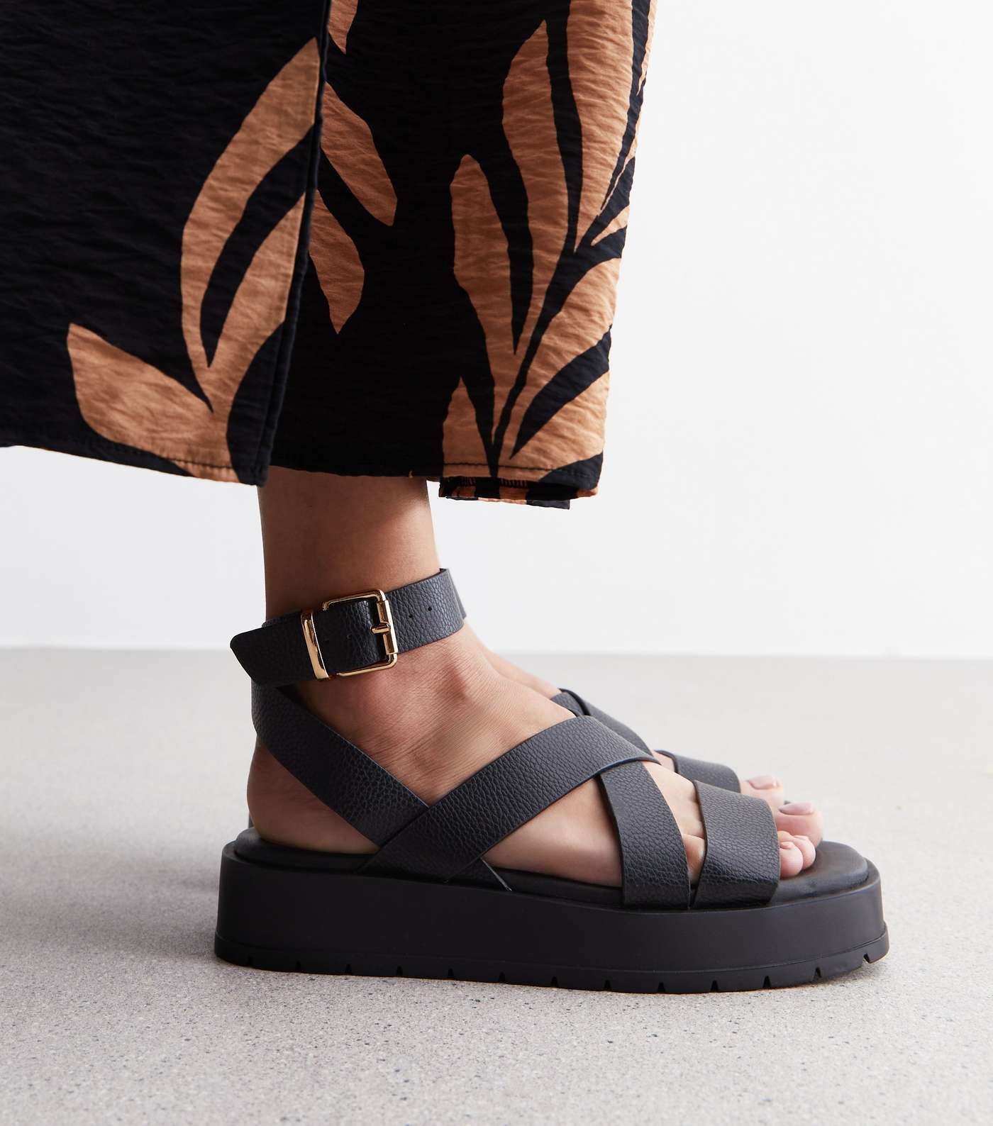 Black Leather-Look Cross Over Flatform Sandals Image 2