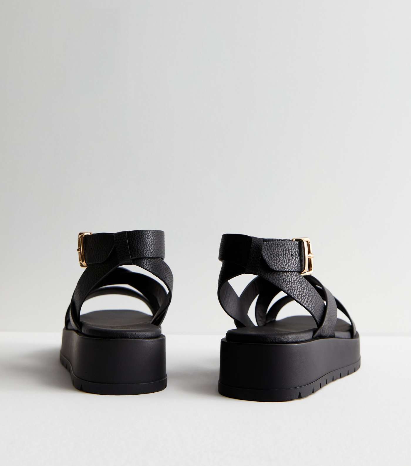 Black Leather-Look Cross Over Flatform Sandals Image 4