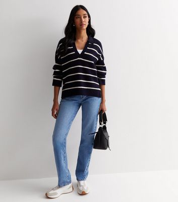 Navy Stripe Knit Collared Jumper New Look