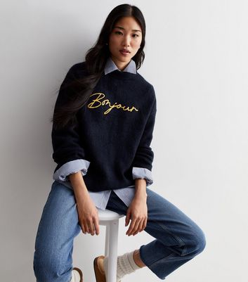 Navy Bonjour Embroidered Jumper | New Look