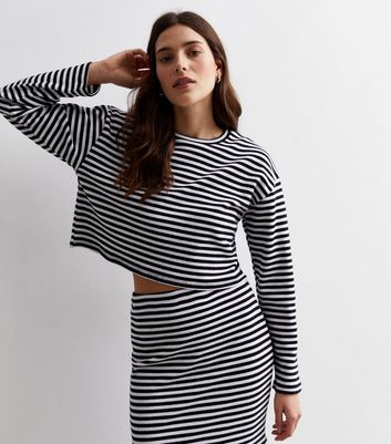 White Stripe Brushed Knit Long Sleeve Crop Top New Look