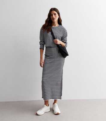 White Stripe Brushed Knit Midi Skirt