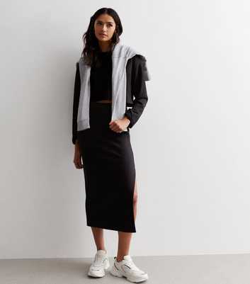 Black Brushed Knit Split Hem Midi Skirt