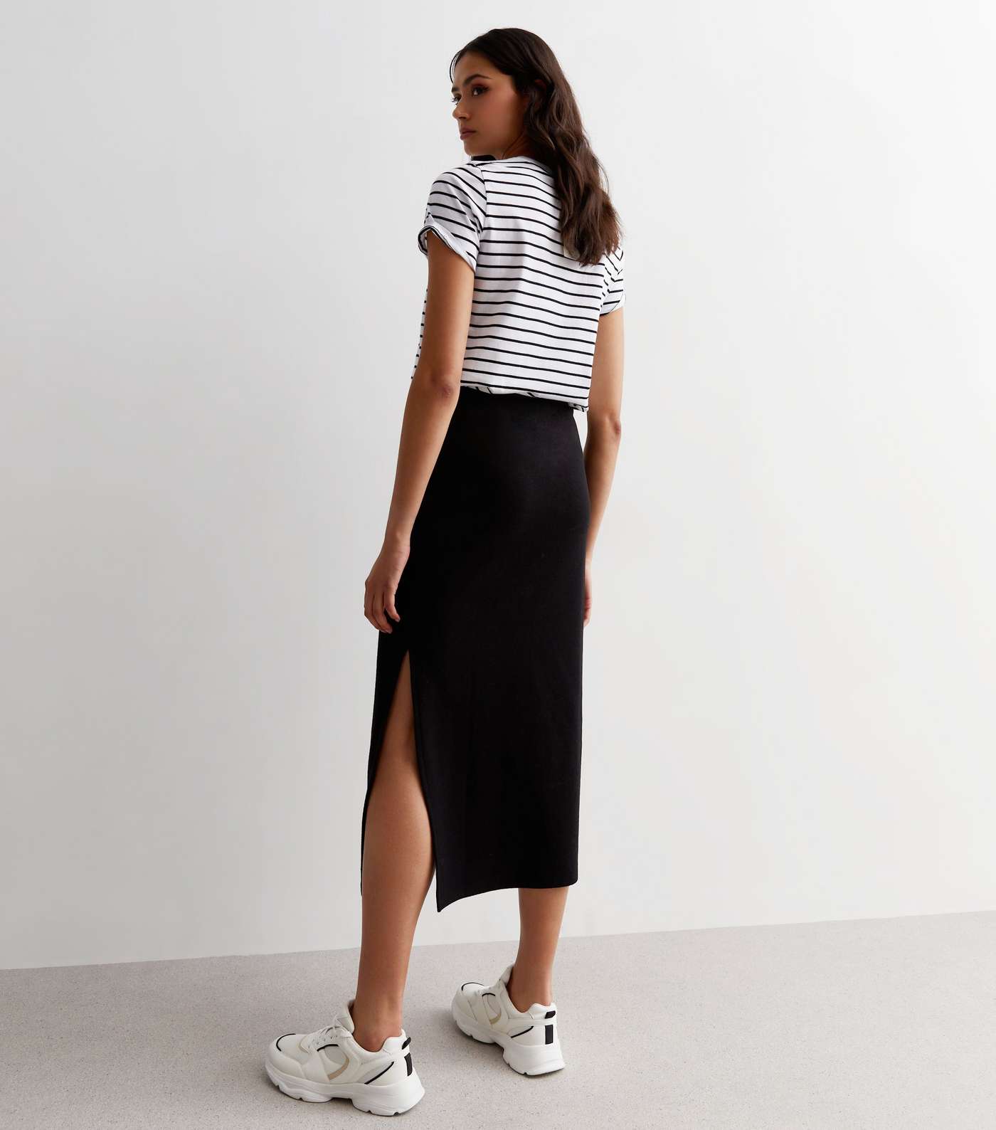 Black Brushed Knit Split Hem Midi Skirt Image 4