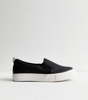 Black Leather Look Slip On Trainers New Look